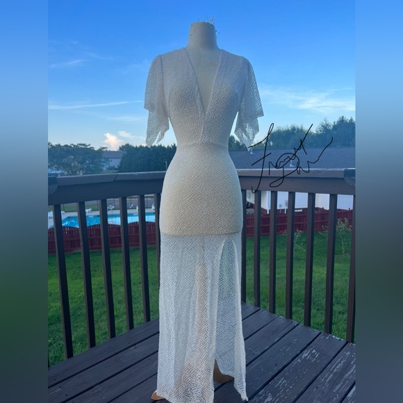 FANCY BY FRANCESCA WATSON LONG PARTY SPARKLE OFF WHITE SHEER FORMAL DRESS SAMPLE - Picture 3 of 4